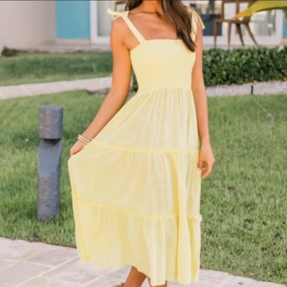 NWT Tiered Maxi Dress Yellow Tank Layered Eyelet Lace Ribbon Tie Straps